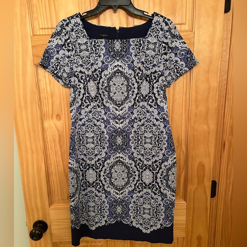 Talbots Navy and White Paisley Midi Sheath Dress